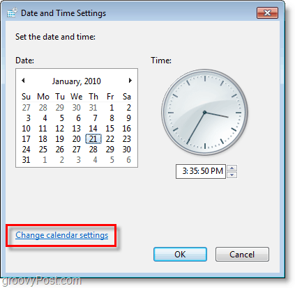 Zrzut ekranu systemu Windows 7 - zmień ustawienia kalendarza