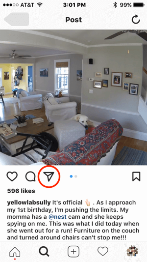 Gdyby Nest chciał skontaktować się z tym użytkownikiem Instagrama w celu uzyskania pozwolenia na wykorzystanie jego treści, mógłby zainicjować komunikację, dotykając ikony bezpośredniej wiadomości.
