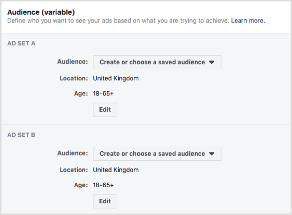 Funkcja testu podziału na Facebooku