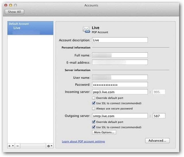Microsoft Outlook Mac 2011: konfigurowanie usługi Windows Live Mail przy użyciu protokołu POP3