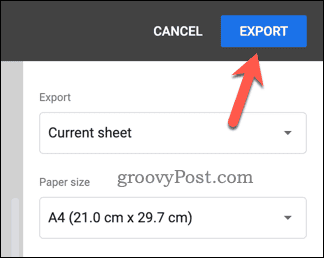 Przycisk Eksportuj Arkusze Google do formatu PDF