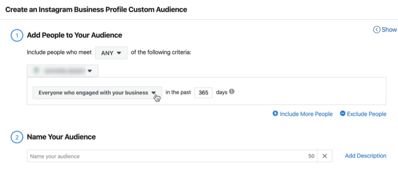 zrzut ekranu okna Utwórz niestandardowy profil firmy na Instagramie z domyślnymi ustawieniami wszystkich osób, które współpracowały z Twoją firmą w ciągu ostatnich 365 dni