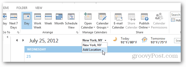 Przewodnik po pogodzie w kalendarzu programu Outlook 2013 — kliknij opcję Dodaj lokalizację