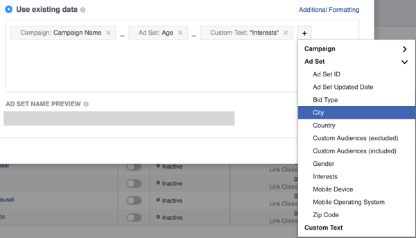 Dodaj pola, aby skonfigurować konwencję nazewnictwa reklam na Facebooku.