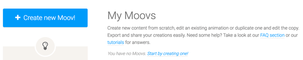 Kliknij przycisk Utwórz nowe Moov, aby rozpocząć pracę z Moovly.