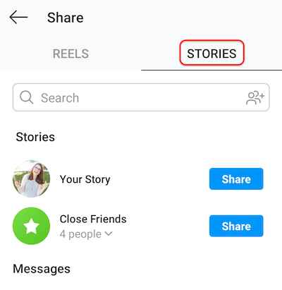 zrzut ekranu z ekranu publikowania na Instagramie przedstawiający zakładkę z historiami, która umożliwia udostępnianie rolek Twojej historii lub liście bliskich znajomych