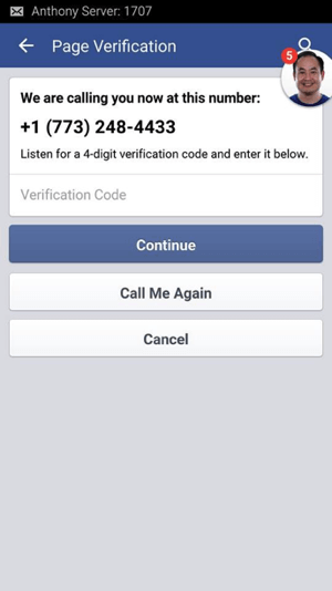 Poczekaj na telefon z Facebooka i zapisz 4-cyfrowy kod weryfikacyjny, który otrzymałeś.
