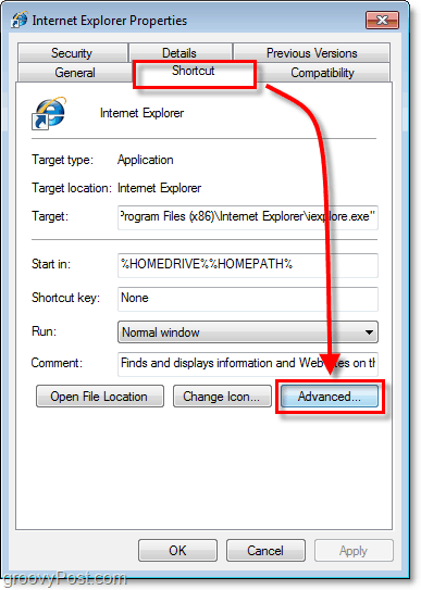 karta skrótów we właściwościach skrótów dla skrótów Windows 7
