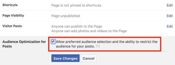 Wybierz opcję włączenia optymalizacji odbiorców dla postów, a następnie kliknij Zapisz zmiany.