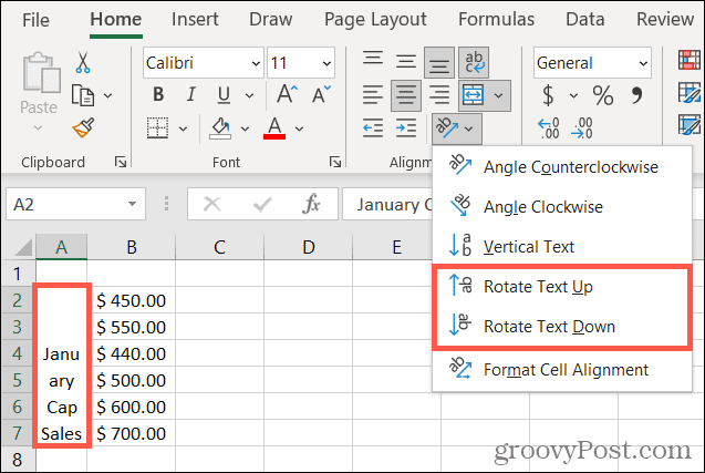 Obróć tekst w górę lub w dół w programie Excel