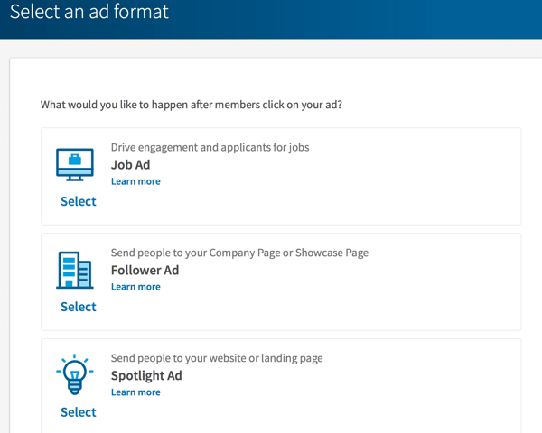Opcje formatu dynamicznych reklam LinkedIn.