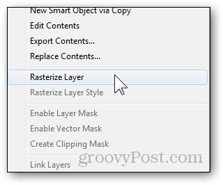 Opcja menu kontekstowego rasteryzacji warstwy umożliwia edytowanie warstw 