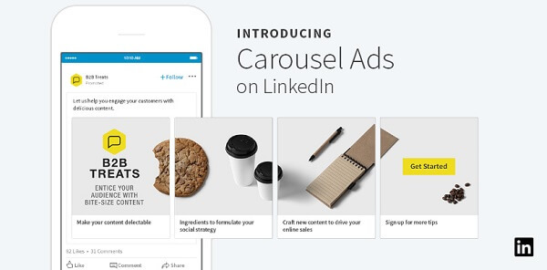 LinkedIn wprowadził nowe reklamy karuzelowe dla sponsorowanych treści, które mogą zawierać do 10 dostosowanych, przesuwanych kart.