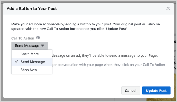 Wybór przycisku Facebook Messenger podczas tworzenia reklamy.