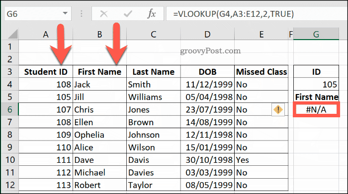Kolejny przykład błędu NA z funkcją WYSZUKAJ.PIONOWO w programie Excel z powodu nieprawidłowego sortowania zakresu danych