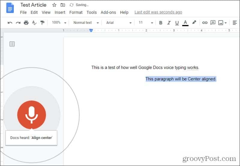 nowy akapit z pisaniem głosowym w Dokumentach Google