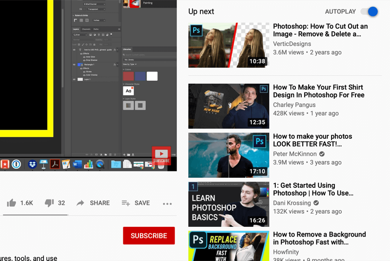 ekran oglądania wideo youtube pokazujący filmy odtwarzane automatycznie po prawej stronie ekranu, zalecane przez youtube na podstawie tego, co oglądane