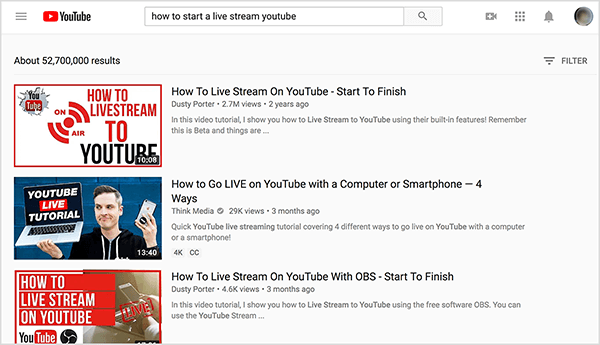 Wyszukaj w YouTube „jak rozpocząć transmisję na żywo z YouTube”, a w najlepszych wynikach wyszukiwania znajdują się dwa filmy autorstwa Dusty'ego Portera.