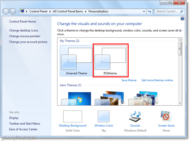 wybierz nowy motyw rss w Windows 7