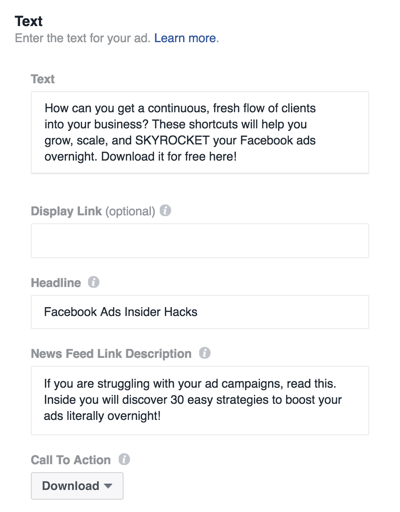Podaj dane, aby skonfigurować reklamę na Facebooku.