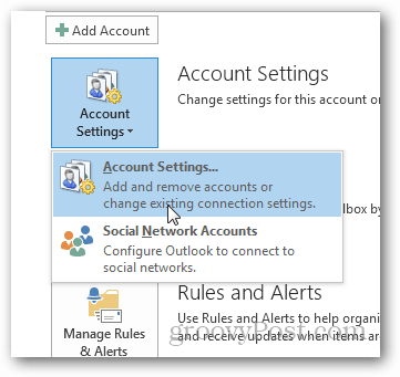 jak utworzyć plik pst dla programu Outlook 2013 - kliknij Ustawienia konta