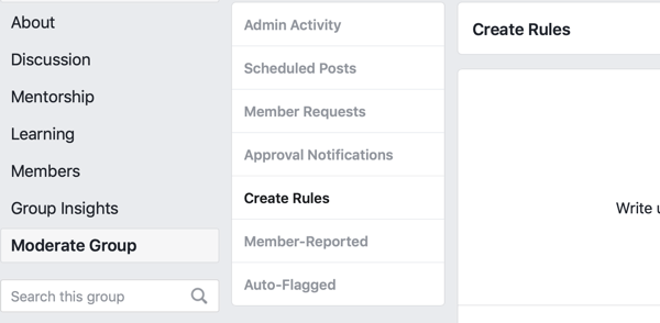 Jak ulepszyć społeczność grupy na Facebooku, opcja menu na Facebooku do tworzenia reguł moderowania grupy