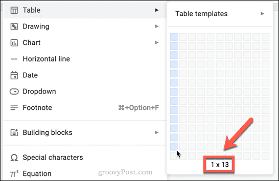 rozmiar tabeli w dokumentach google