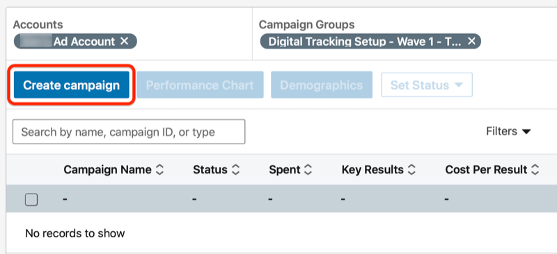 linkedin utwórz przycisk kampanii w grupie kampanii