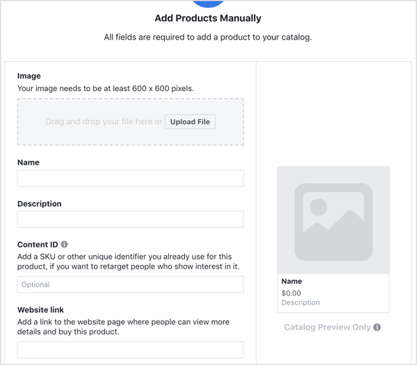 Wprowadź szczegóły, aby dodać produkt do katalogu na Facebooku.