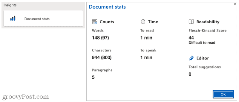 Statystyki dokumentów edytora Microsoft