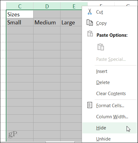 Ukryj skrót do kolumny w programie Excel w systemie Windows