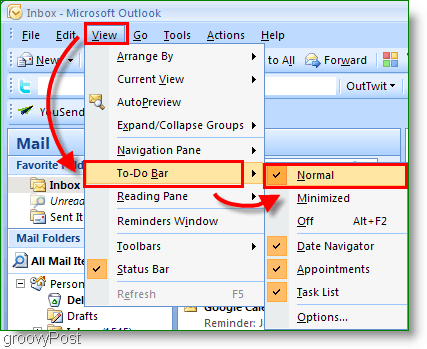 Pasek zadań programu Outlook 2007 - Dostosuj widok do normalnego