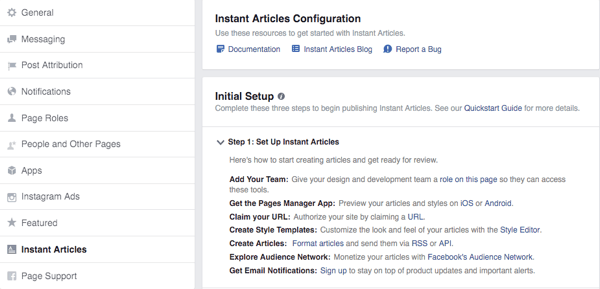 ekran konfiguracji artykułów błyskawicznych na Facebooku