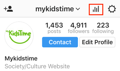 Stuknij ikonę wykresu słupkowego, aby uzyskać dostęp do statystyk Instagrama z aplikacji Instagram.