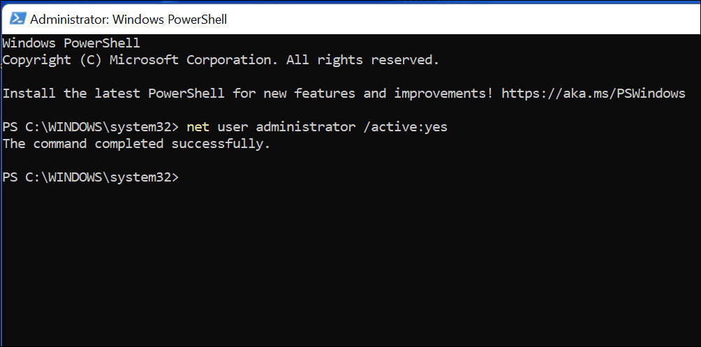polecenie, aby włączyć konto administratora w systemie Windows 11