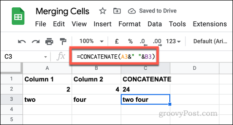 Przykład formuły CONCATENATE w Arkuszach Google przy użyciu pustych ciągów tekstowych