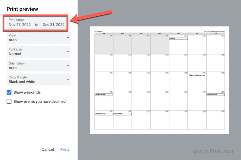 zakres drukowania kalendarza google