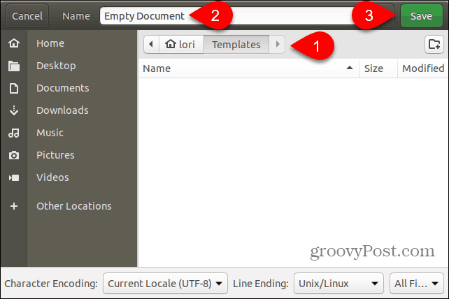 Zapisz plik szablonu pustego dokumentu w folderze Szablony w Ubuntu
