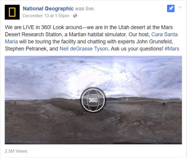 Facebook uruchomił w tym tygodniu film 360 ° na żywo z raportem National Geographic z ośrodka badawczego Mars Desert Research Station w Utah.