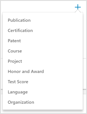Opcje dodawania osiągnięcia do profilu LinkedIn