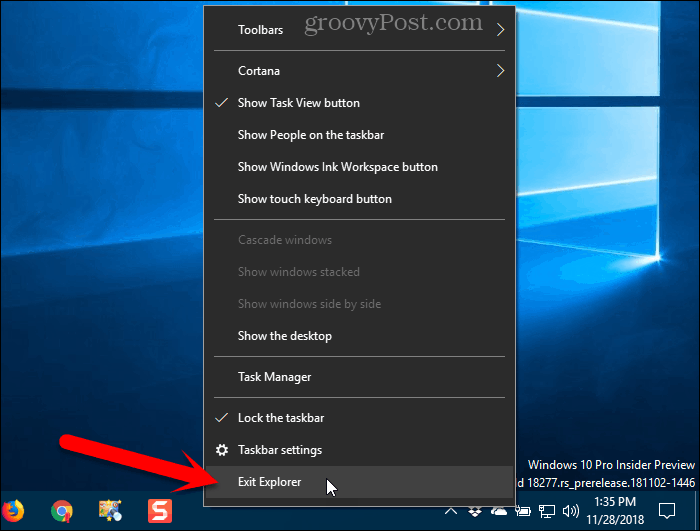 Wybierz Exit Explorer z menu kontekstowego paska zadań w Windows 10