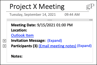Szczegóły spotkania w programie OneNote na komputerze Mac