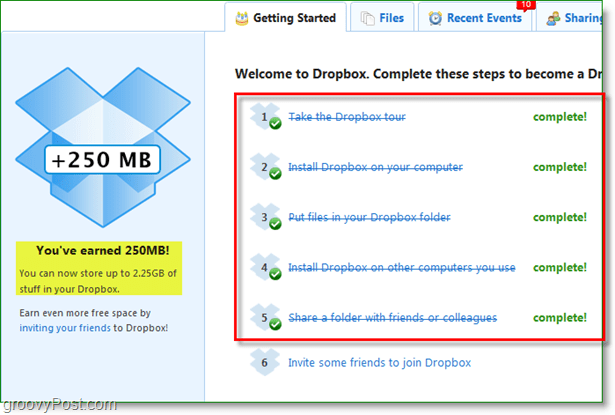 Zrzut ekranu Dropbox - 250 MB miejsca szybko nagradzane