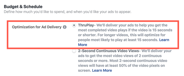 Optymalizacja Facebook ThruPlay dla reklam wideo, krok 2.
