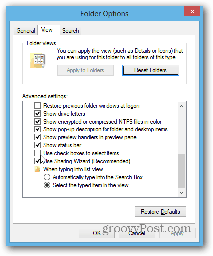 Ekran opcji folderów
