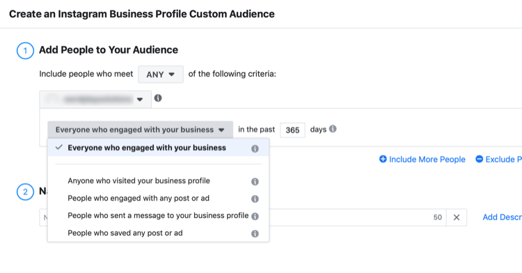 Utwórz okno dialogowe Custom Audience w profilu firmy na Instagramie