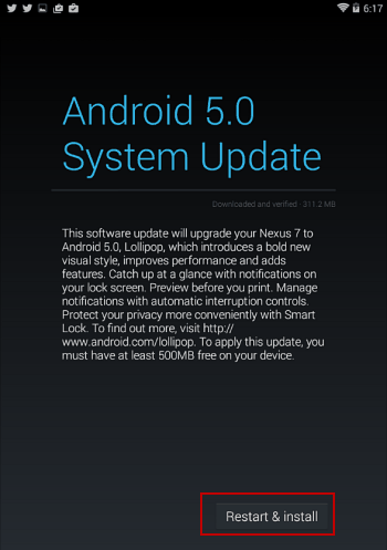 uruchom ponownie Nexusa 7 i zainstaluj Androida 5