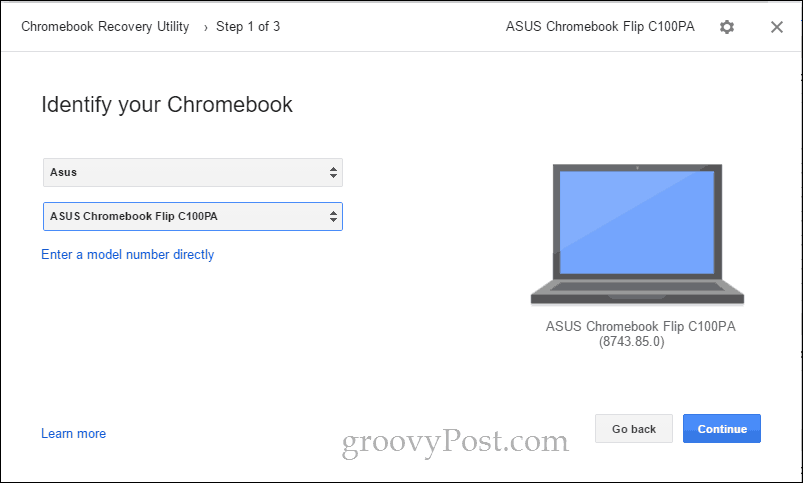 Narzędzie do odzyskiwania Chromebooka wybierz model