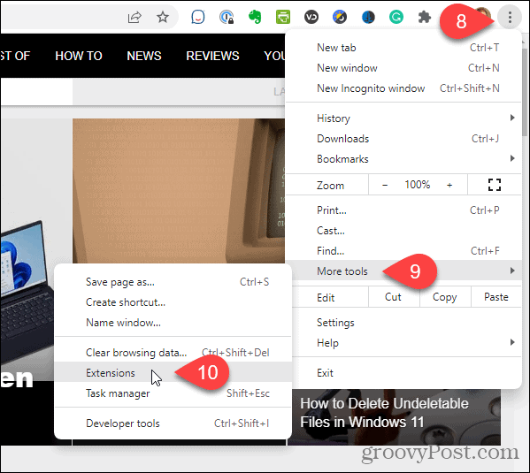 W menu Chrome przejdź do Więcej narzędzi, a następnie Rozszerzenia