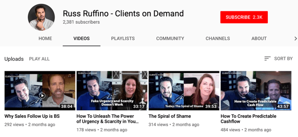 Sposoby wykorzystania wideo online przez firmy B2B, przykładowy kanał YouTube z wywiadami Russa Ruffino